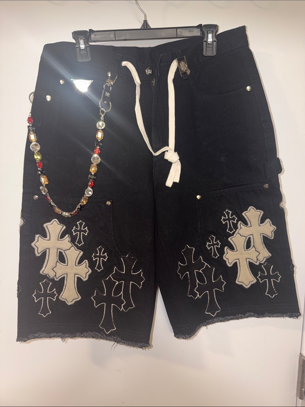 ✝️🩳✝️  Watson Black Denim Shorts with Cross Appliques